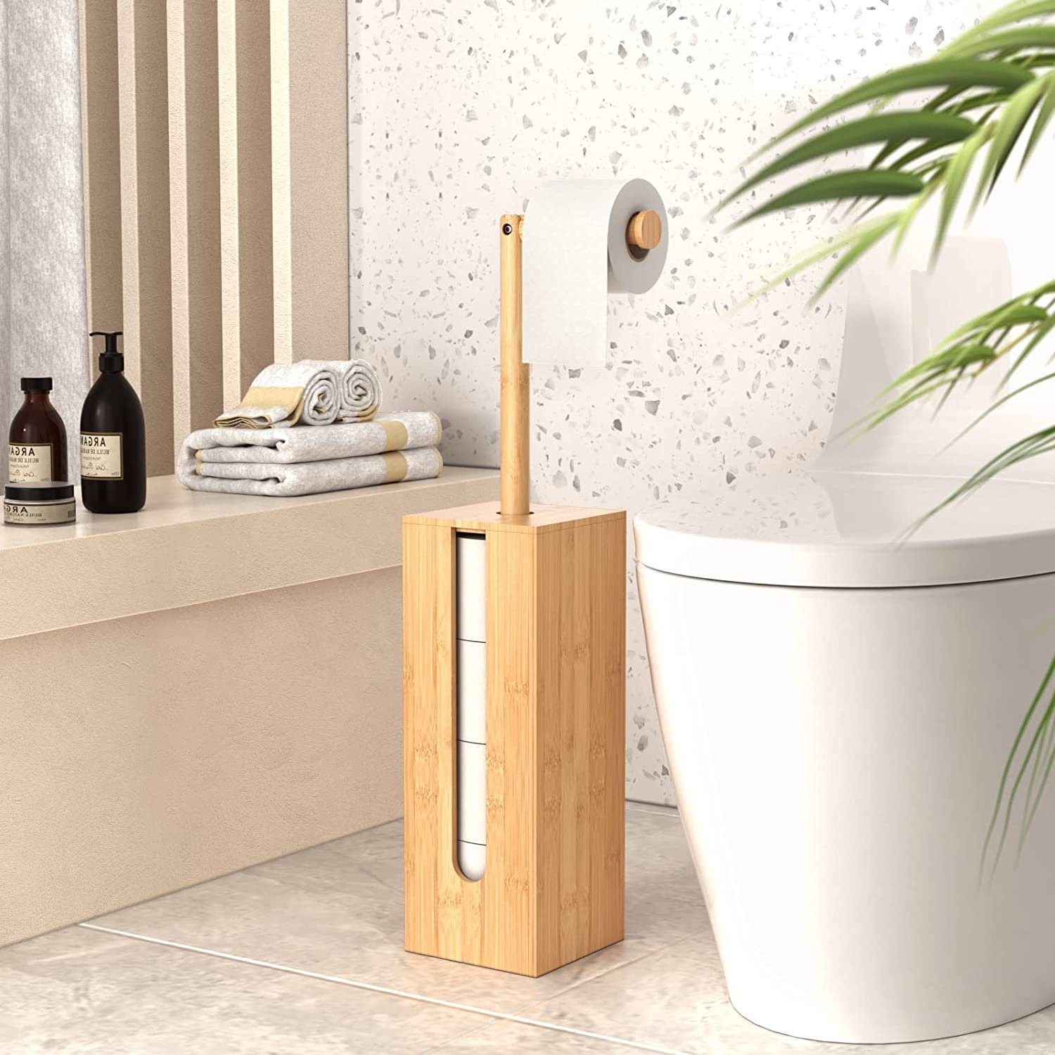 Croydex Toilettenpapierhalter Freistehend – Matt Schwarz Mit Bambus-Ablage Für 4 Rollen | Stilvolles Badezimmer-Accessoire